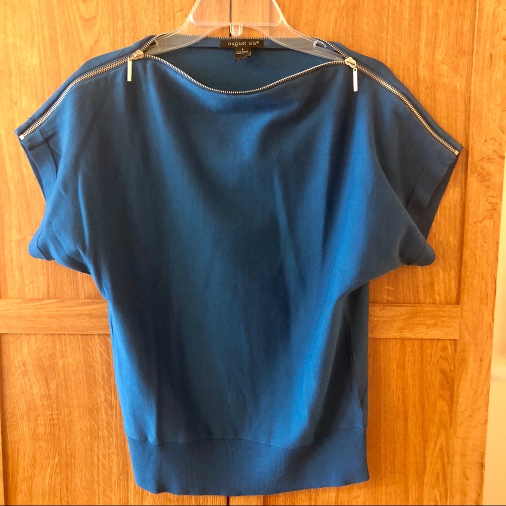 August Silk unique zipper top blouse in turquoise